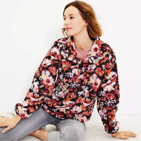 Loft Sherpa Floral Snap Collar Pullover Sweater Size Medium - Picture 1 of 10